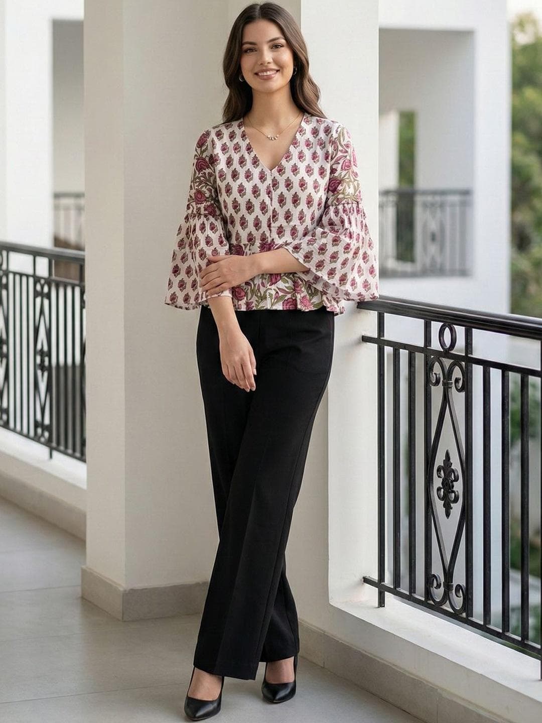 KALINI Floral Printed V-Neck Flared Sleeve Cotton Blouson Crop Top