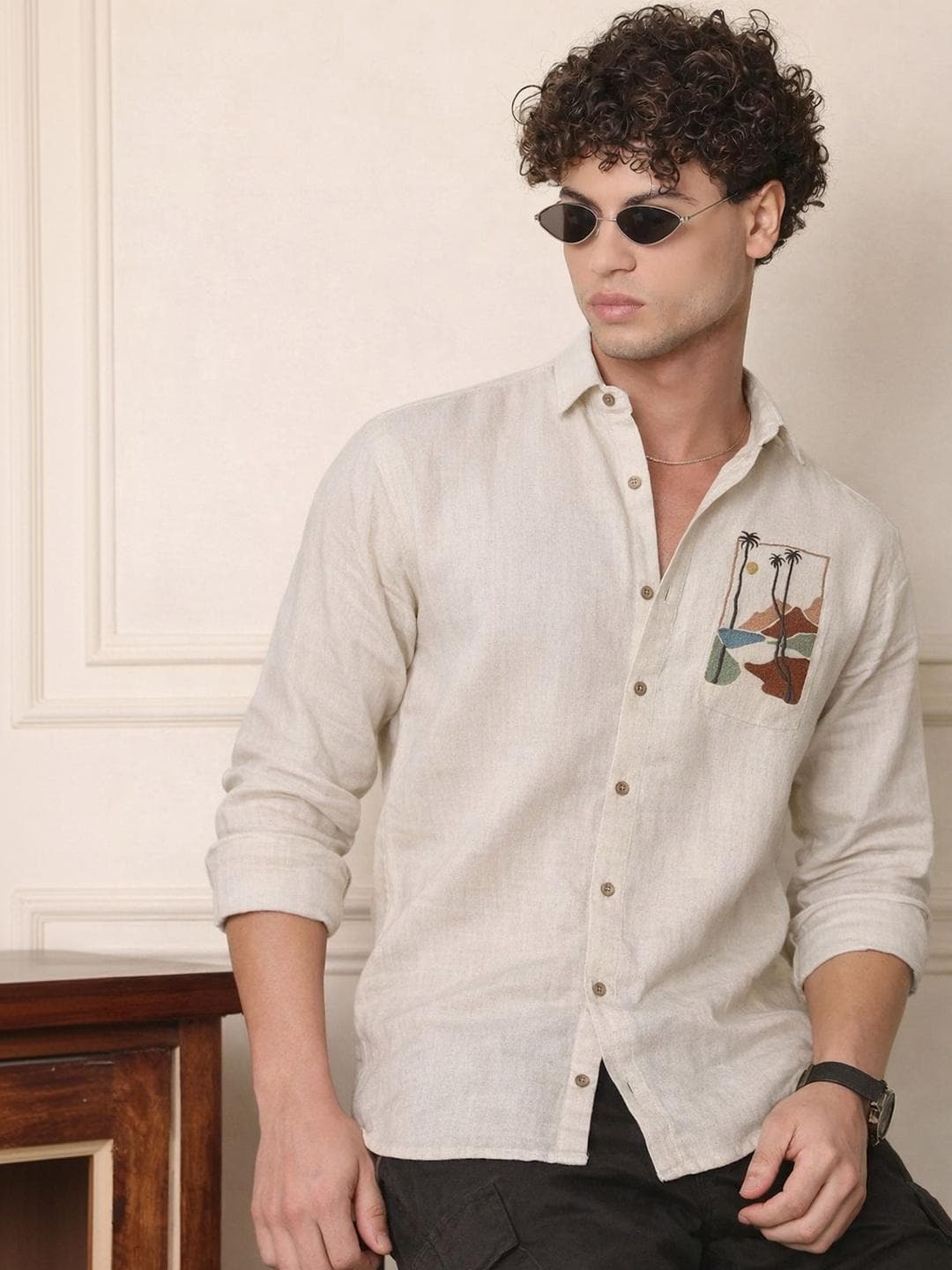 COMBRAIDED Men Linen Cotton Blend Casual Chest Graphic Detail Shirts