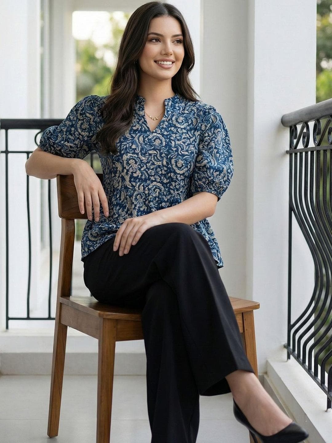 KALINI Floral Print Mandarin Collar Puff Sleeve Cotton Peplum Top