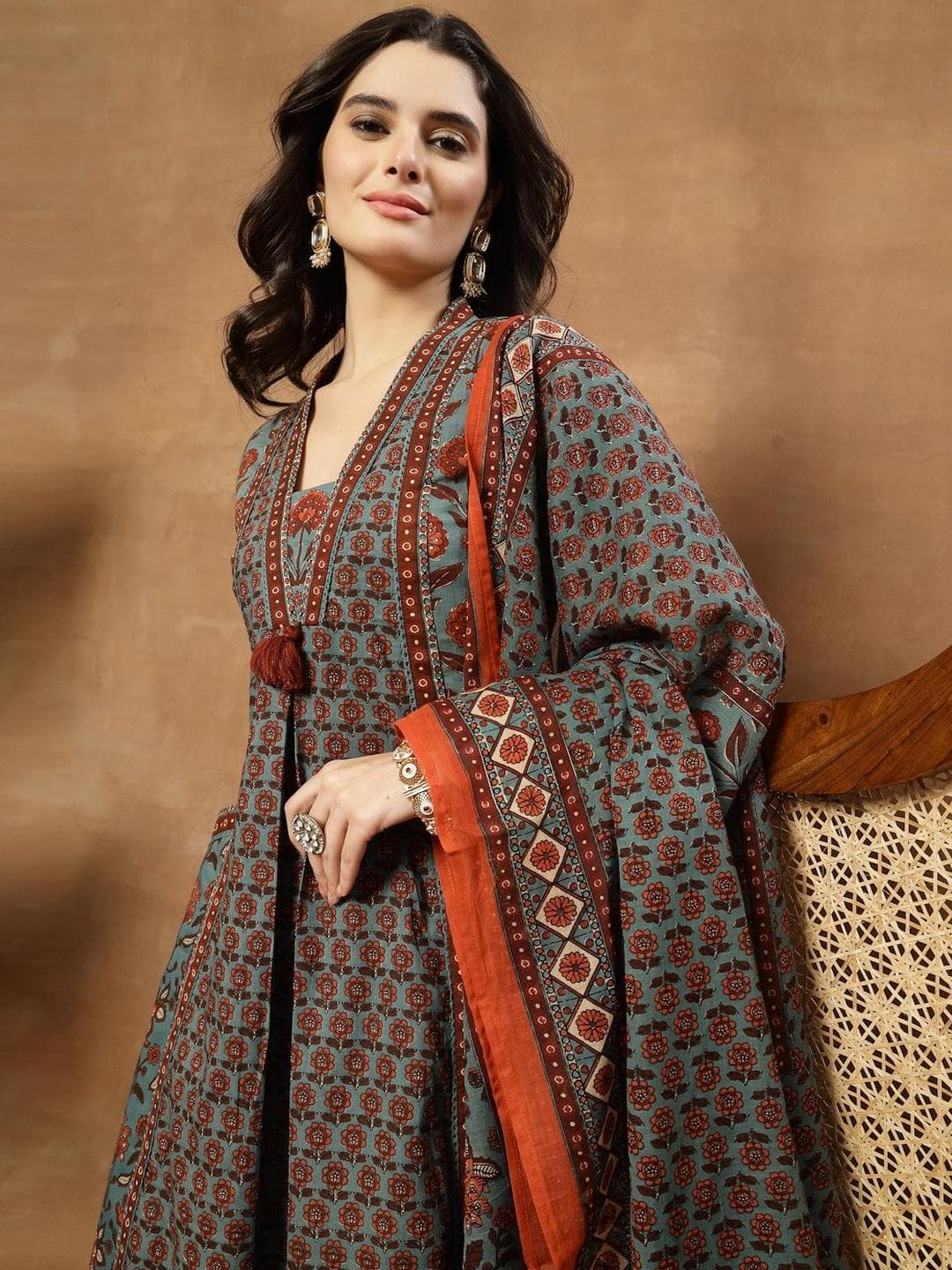 Sangria Printed Pure Cotton V-Neck Kurta & Palazzos With Dupatta