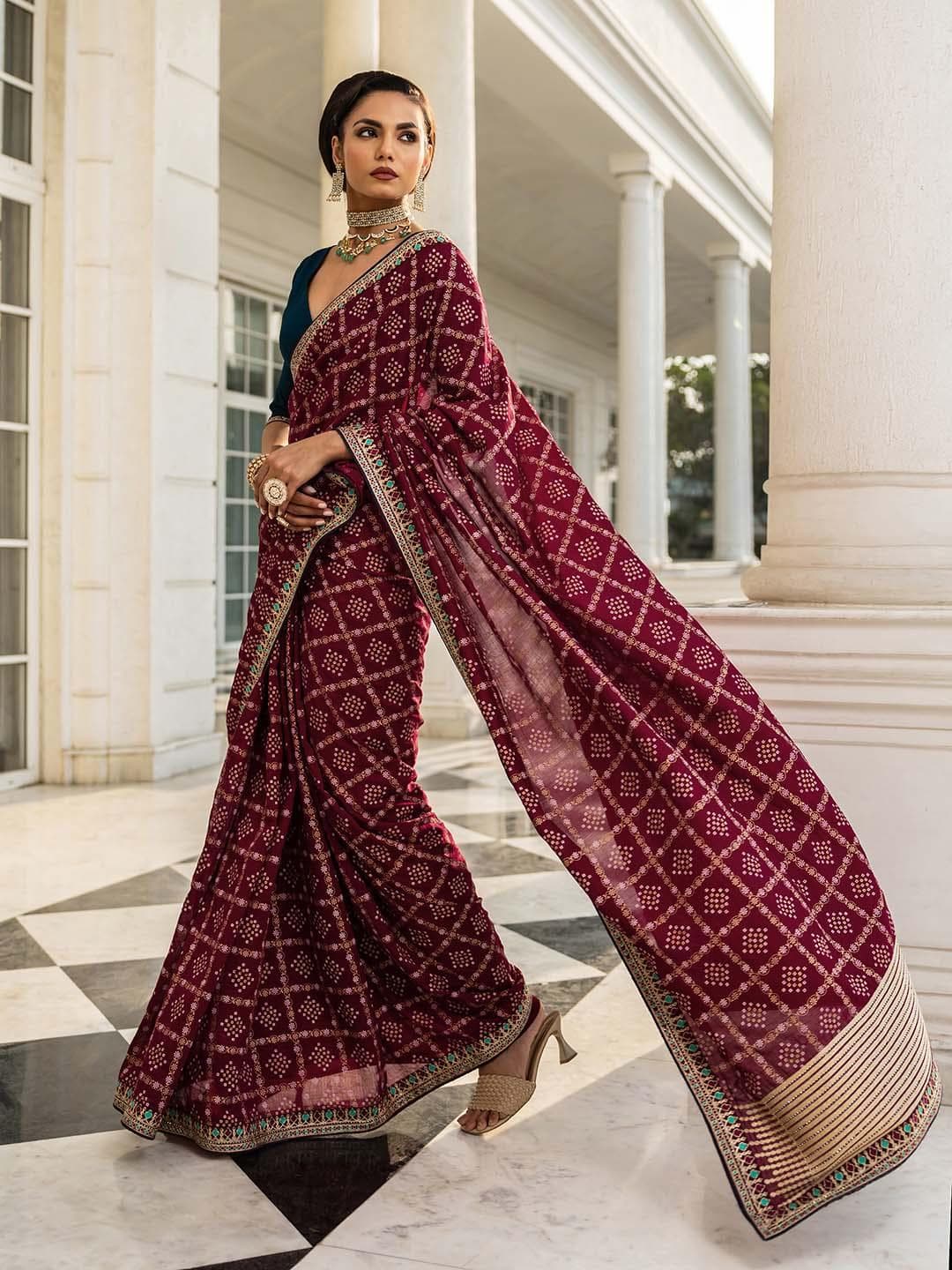 Libas Maroon Printed Saree With Unstitched Blouse Piece