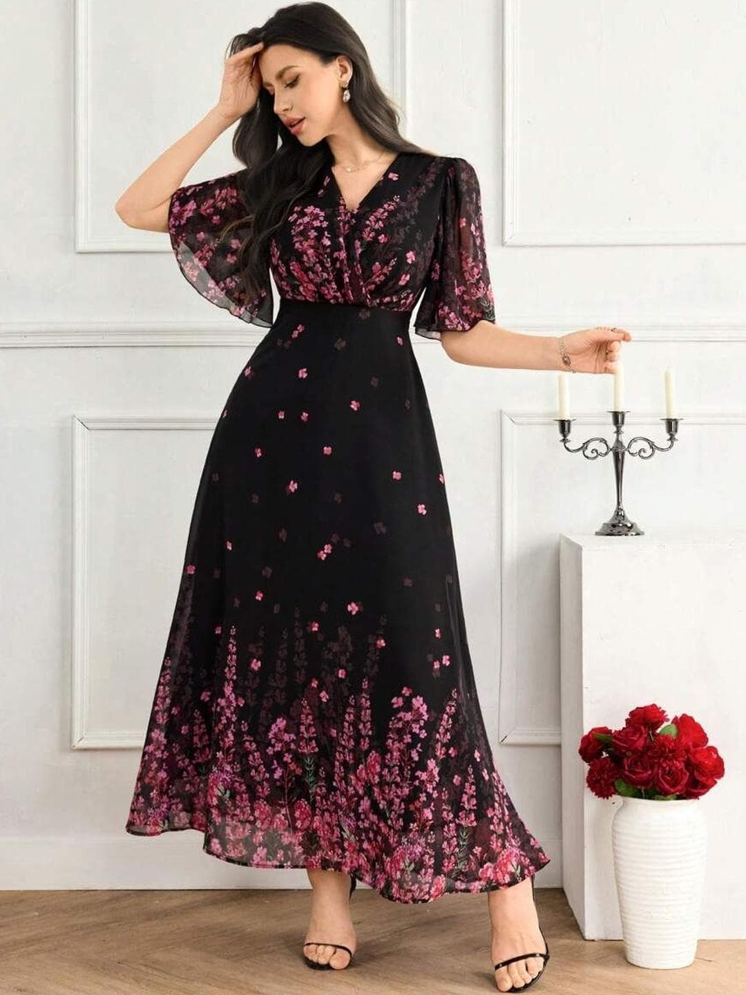 Nautiful Floral Printed V-Neck Flutter Sleeves Fit & Flare Midi Dress
