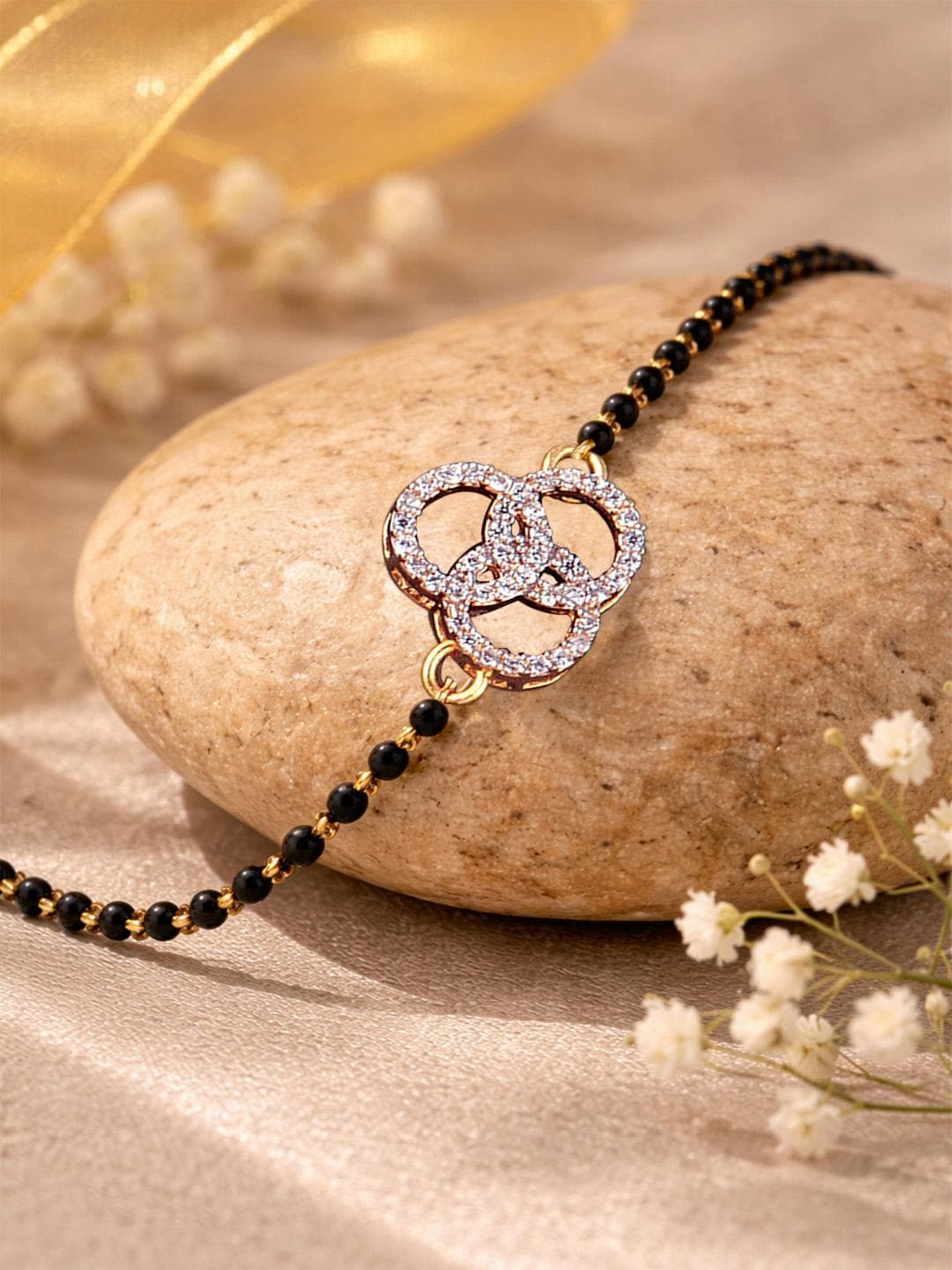 CZ Golden Round Brass Black Beaded Mangalsutra Bracelet