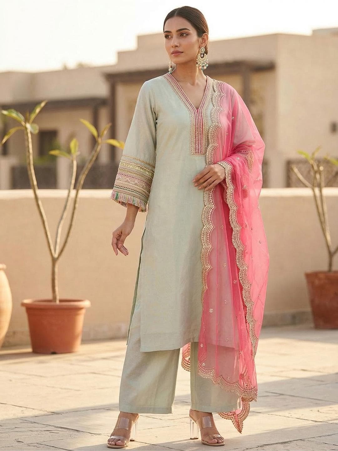 Varanga Women Embroidered Regular Kurta with Trousers & With Dupatta
