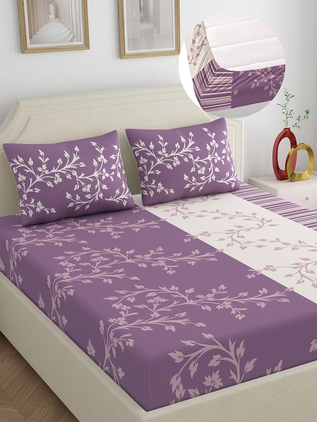 Dreamscape Purple Pure Cotton 140TC Queen Fitted Bedsheet with 2 Pillow Cover 60X78 Inches
