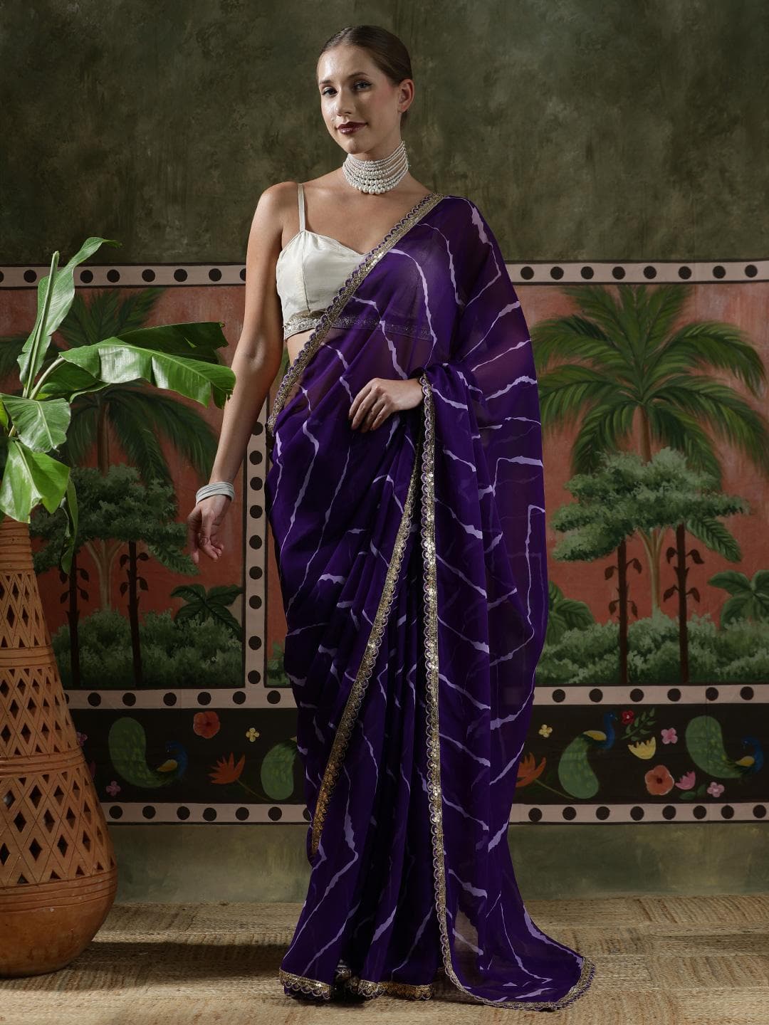 Sangria Embellished Embroidered Laheriya Printed Georgette Ready To Wear Saree