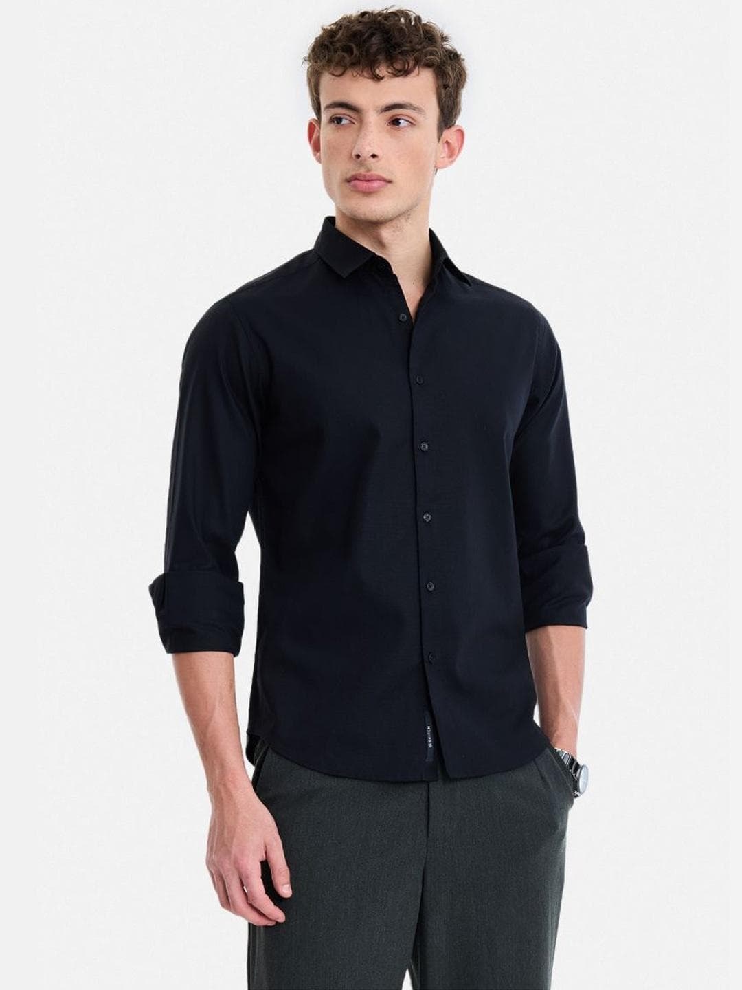 Snitch Black Textured Shirts