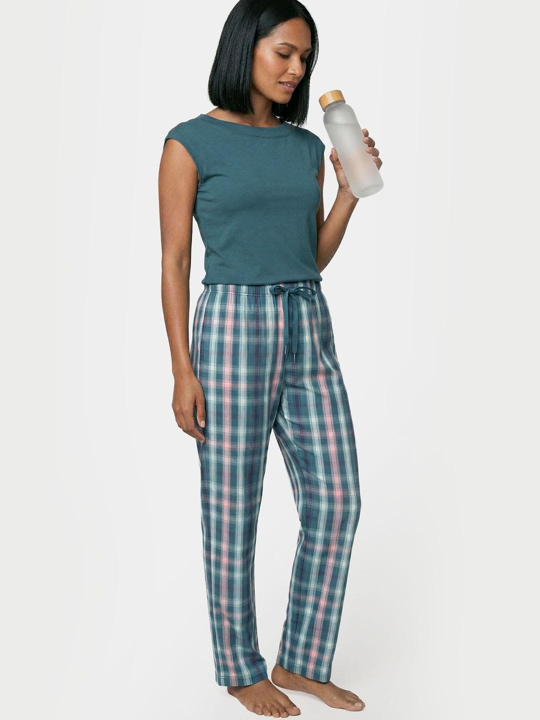 Buy Enamor Women Mid Rise Full Length Drawstring Pants Relaxed Fit Cotton E4A5 - - Apparel for Women