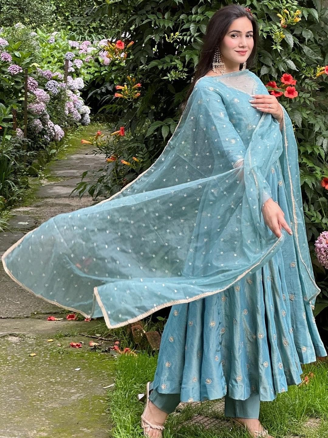 KALINI Embroidered Anarkali Kurta with Trousers & Dupatta Set