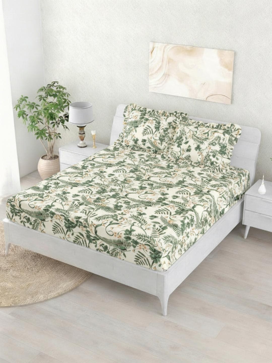 Buy Status Beige & Rust Premium Cotton Feel Double Fitted Bedsheet With 2 Frill Pillow Covers - - Home for Unisex