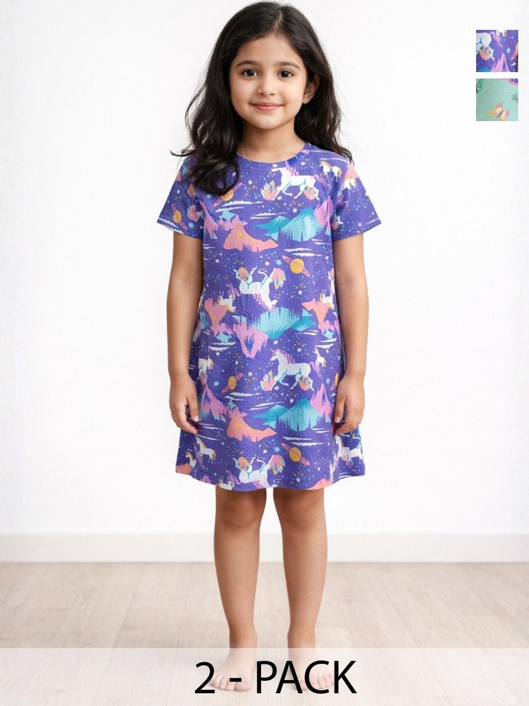 Anthrilo Pack of 2 Kids Girls Summer Cotton Night Dress