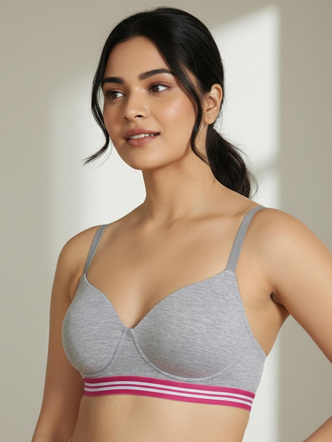 Zivame Grey & Pink Solid Non-Wired Lightly Padded T-shirt Bra ZI1175FASHAGREY