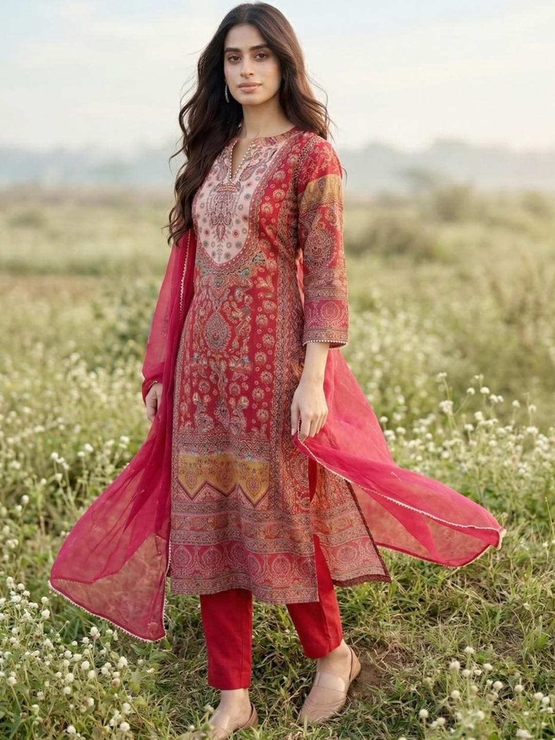 Varanga Women Ethnic Motifs Printed Regular Gotta Patti Chanderi Silk Kurta with Trousers & With Dupatta