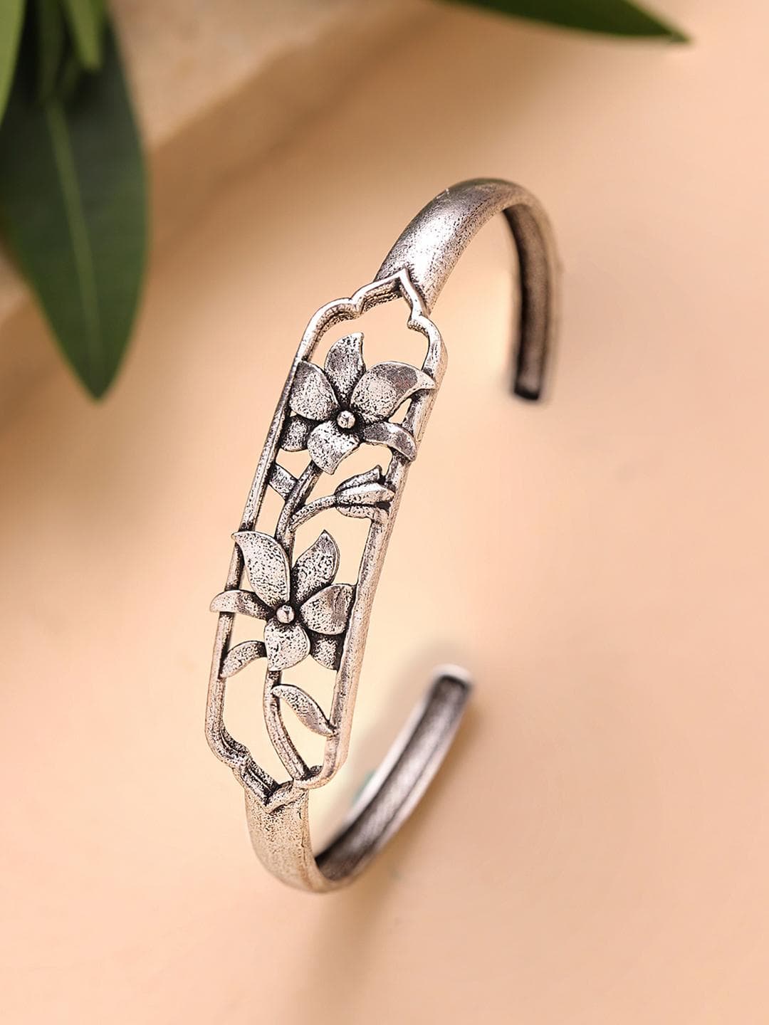 Voylla Women Brass Oxidised Silver-Plated Cuff Bracelet
