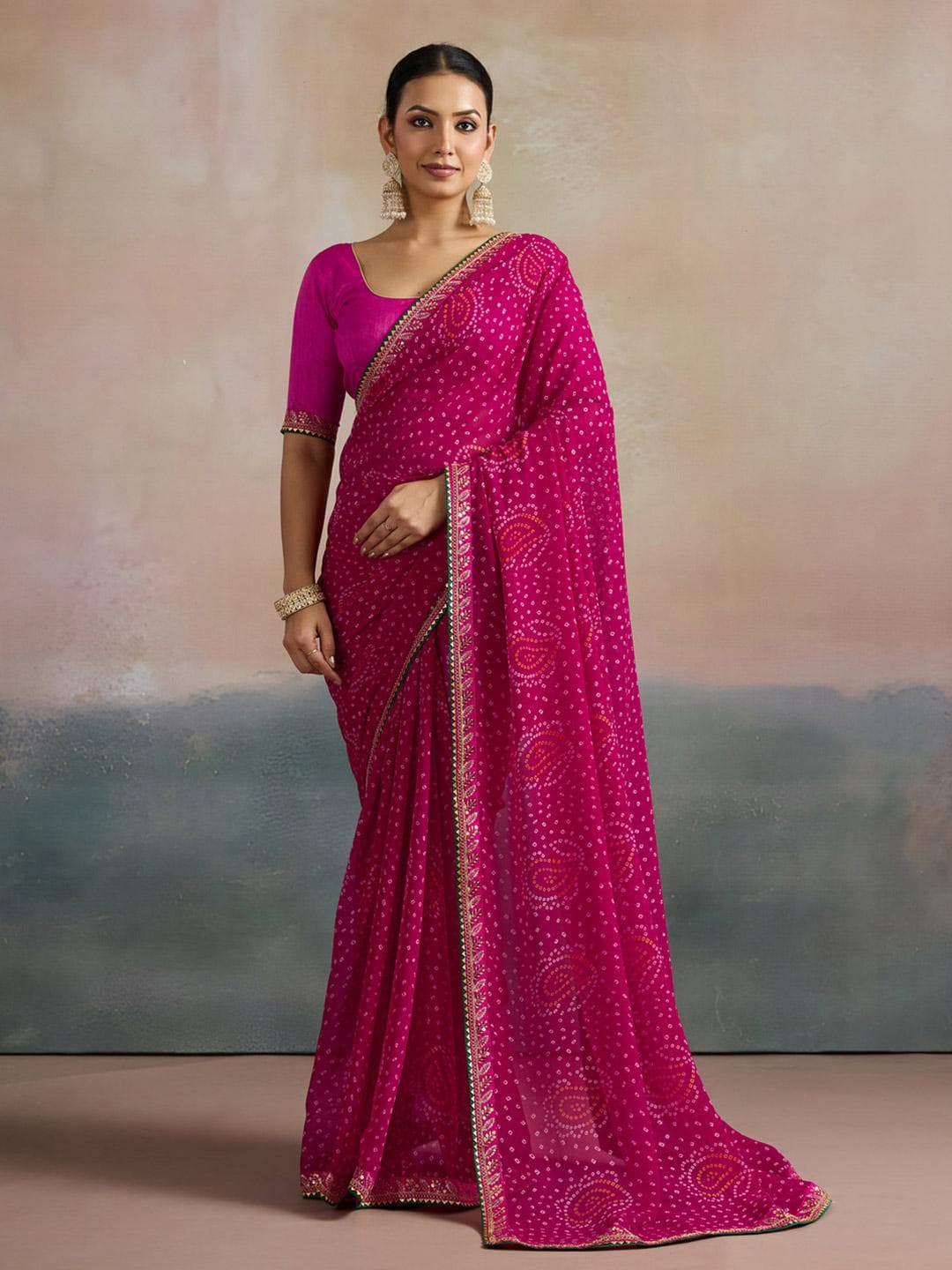 Mitera Bandhani Printed Sequinned Pure Georgette Bandhani Saree
