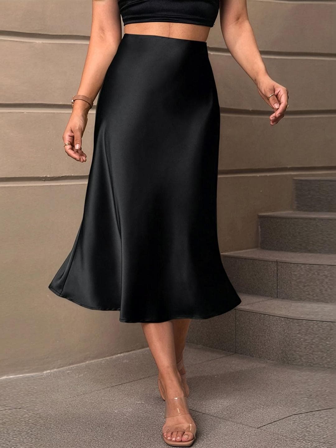 AAHWAN Women Satin Midi A-Line Skirt