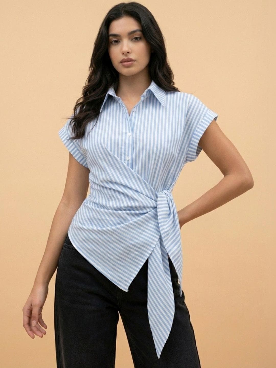 QIOA Blue Women Striped Wrap Style Cotton Drop Shoulder Casual Wear Shirts