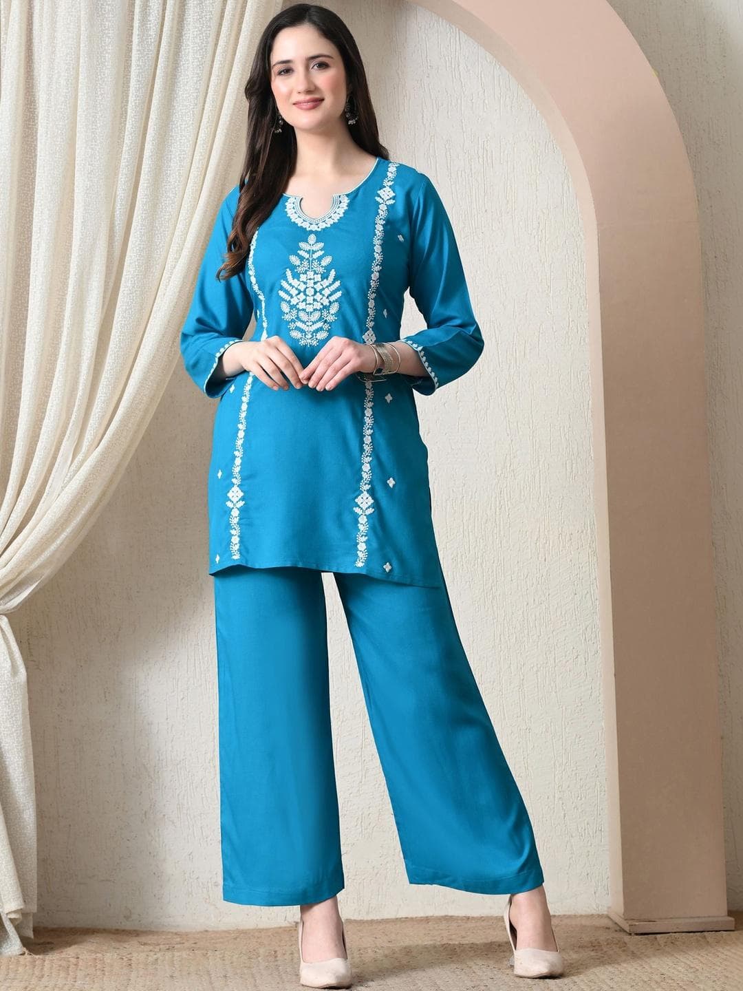ROSHNI Women Floral Embroidered Scoop Neck Viscose Rayon Tunic With Trouser