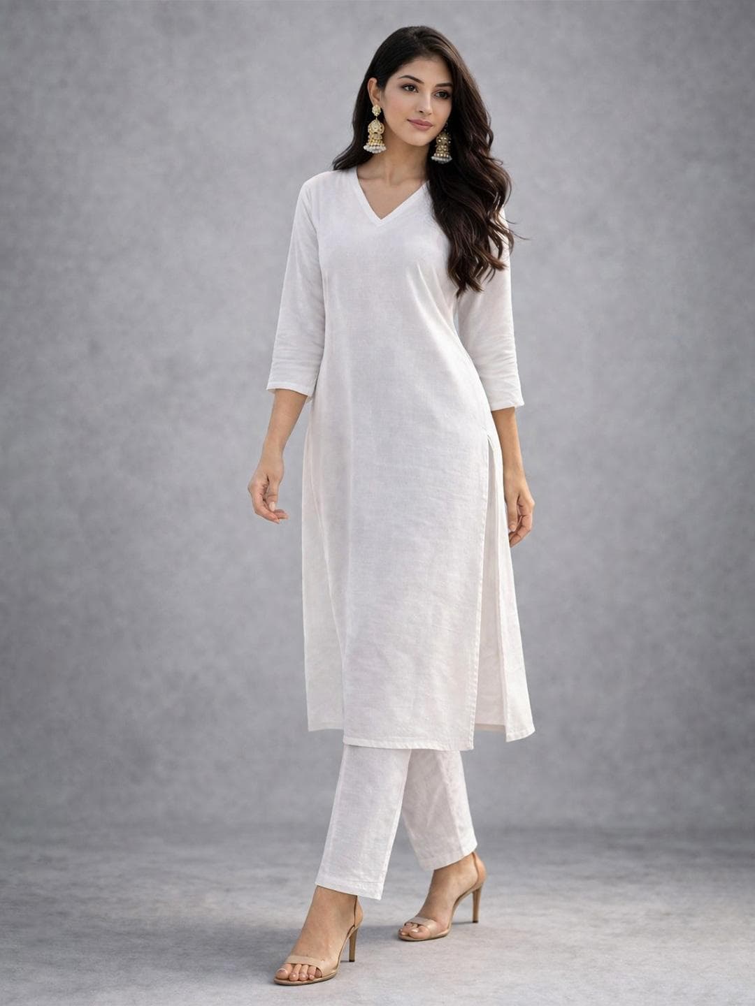 Lookmark Womens V Neck Three-Quarter Sleeves Straight Kurti
