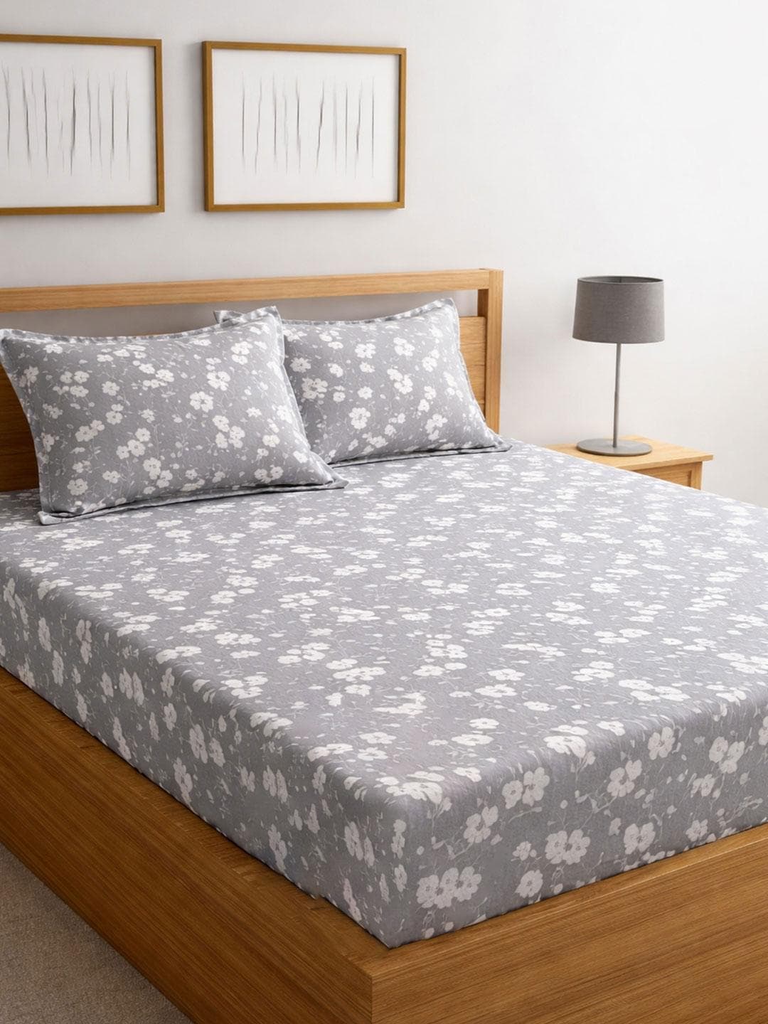 Signature Grey Floral 210 TC King Bedsheet with 2 Pillow Covers