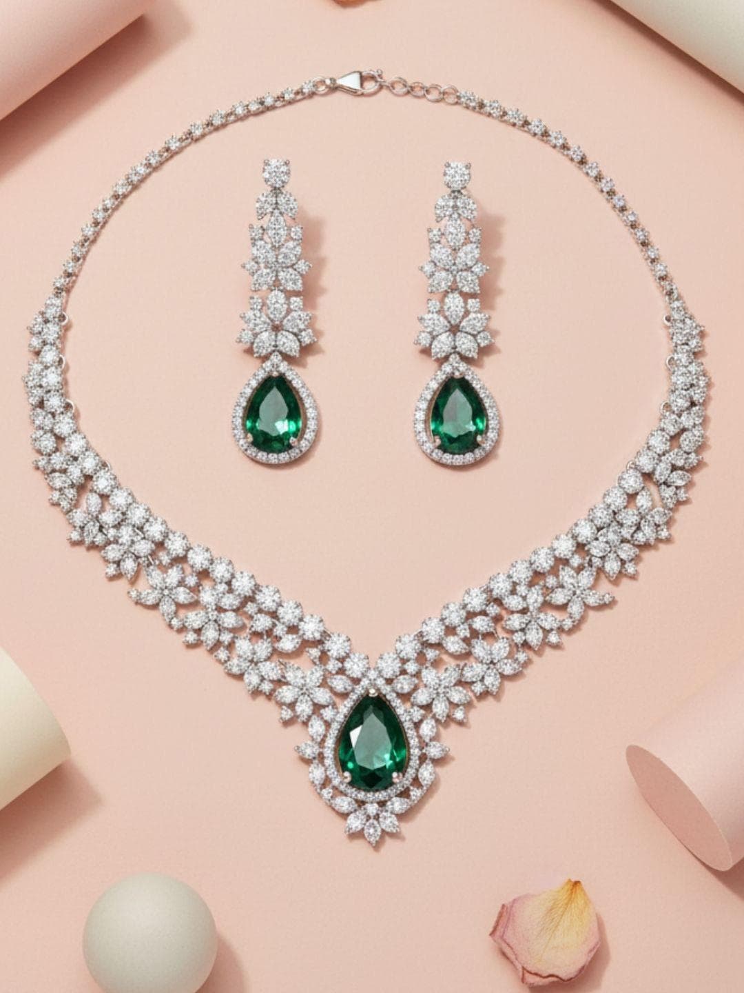 IKSAVA Women Green Silver-Plated American Diamond Studded Jewellery Set
