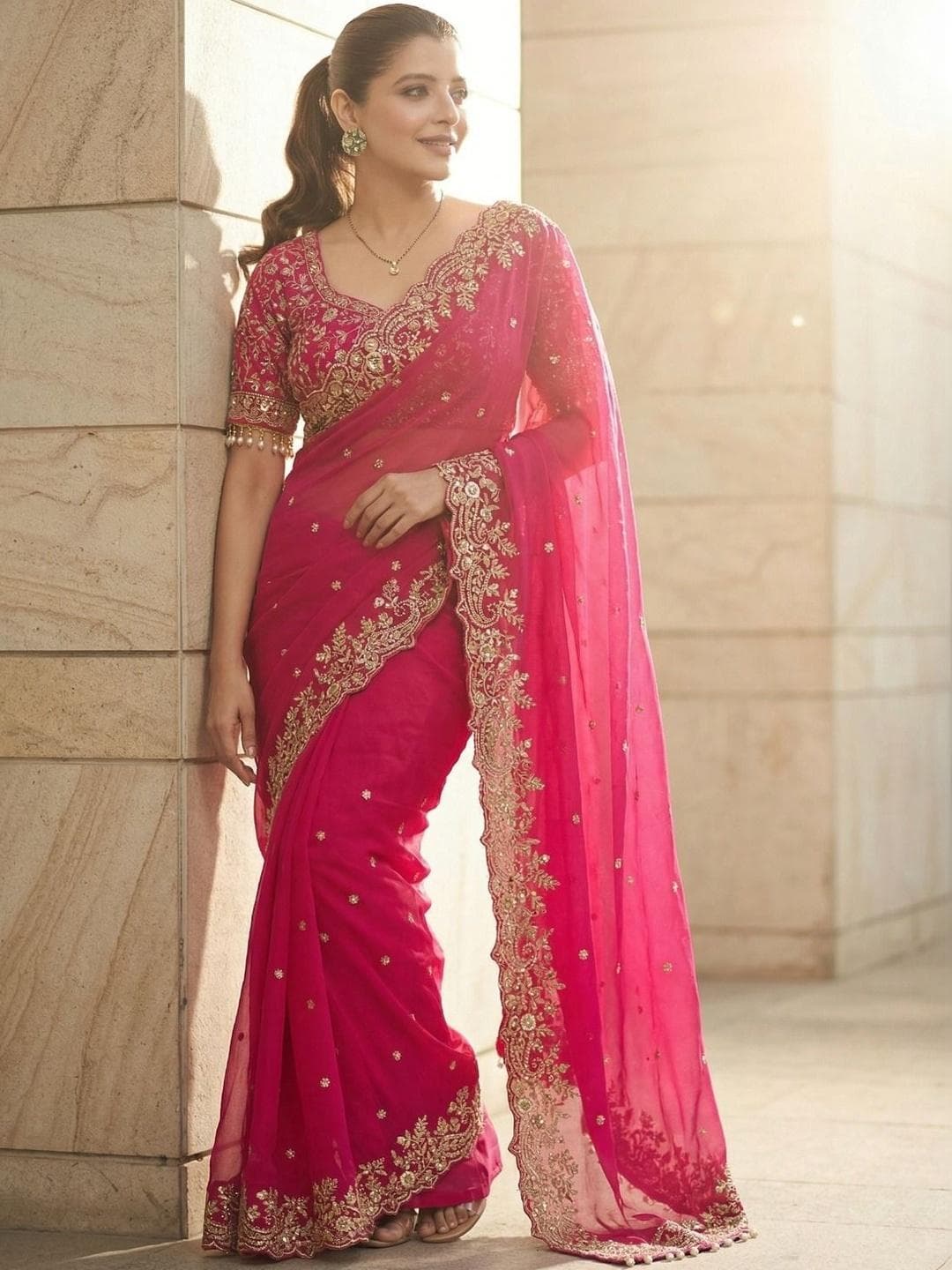 Kalista Ethnic Motifs Embroidered Satin Saree