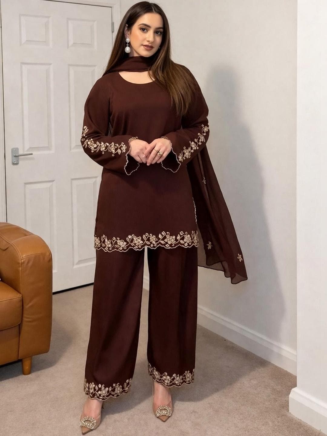 KRYSAL Women Embroidered Regular Kurta with Trousers & With Dupatta