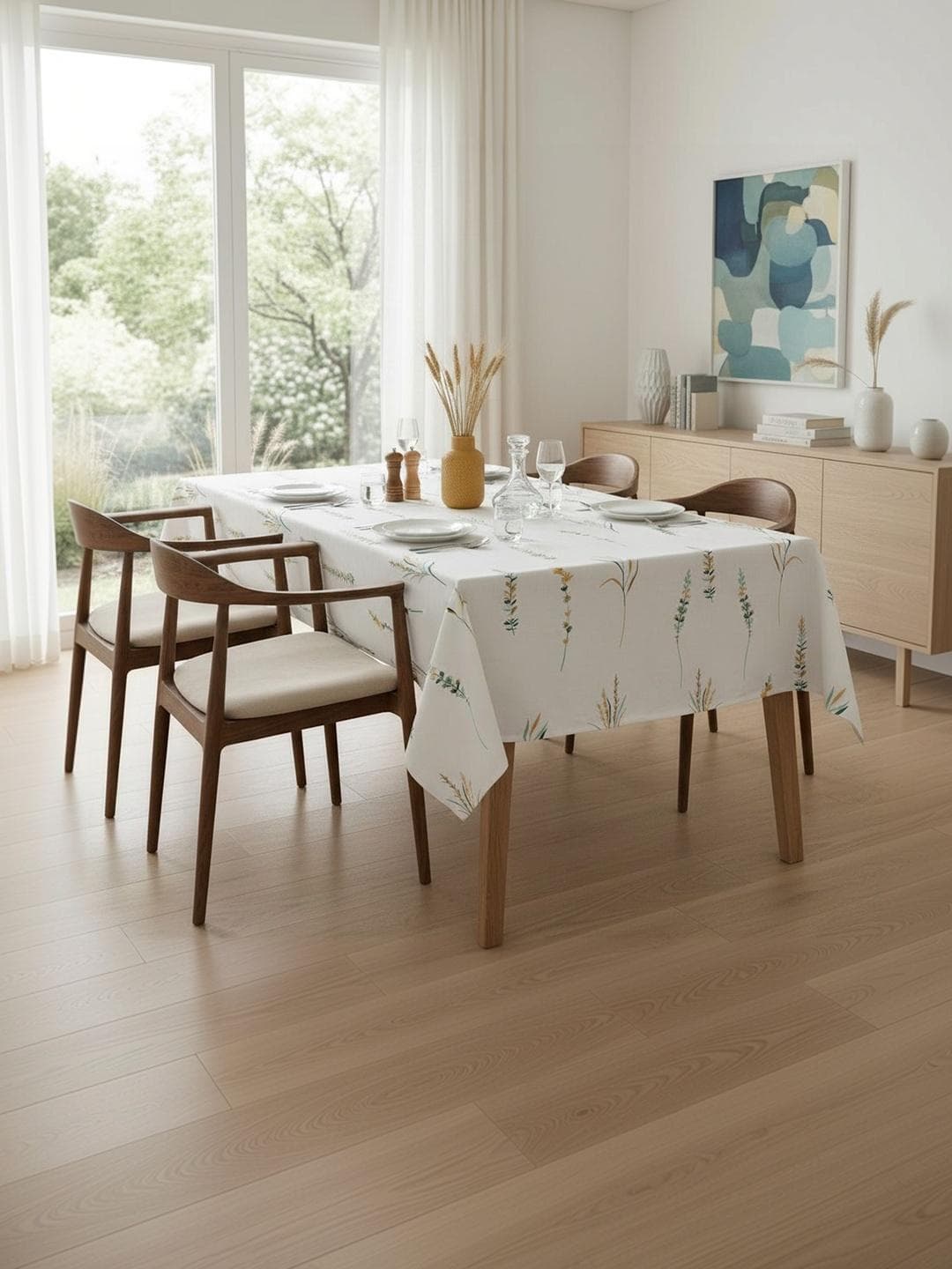 HOMEMONDE Green Floral Cotton 6-Seater Table Cover