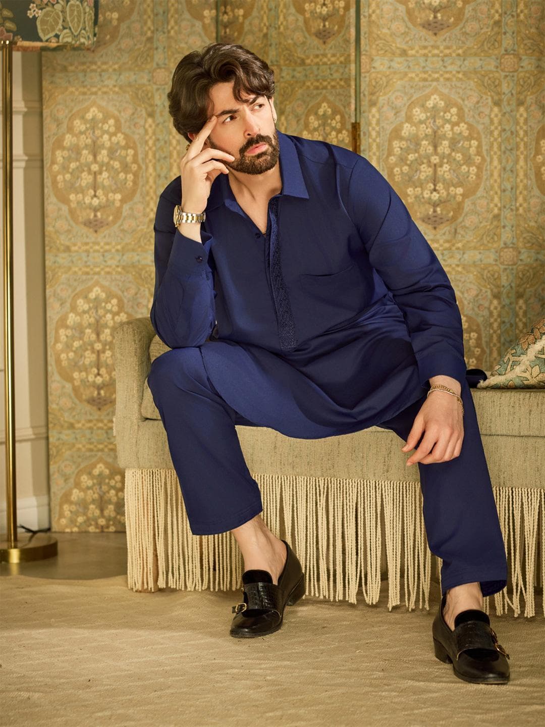SOJANYA Men Navy Blue Solid Pathani Kurta with Salwar