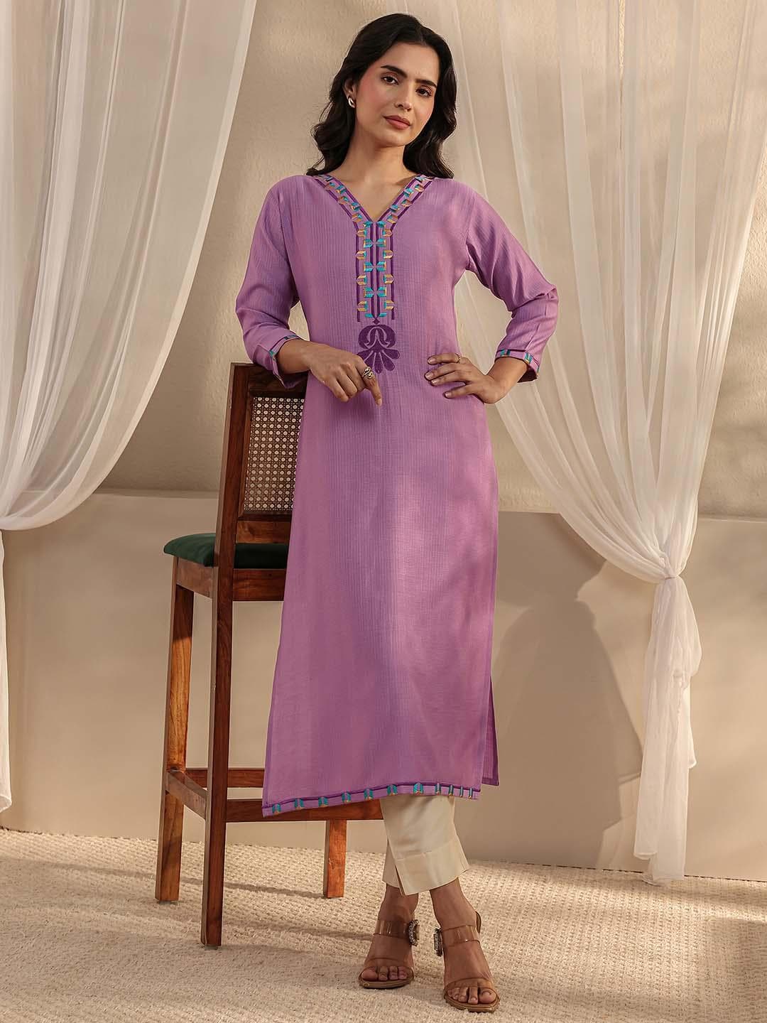 Libas Lavender Ethnic Motif Yoke Design Straight Kurtas