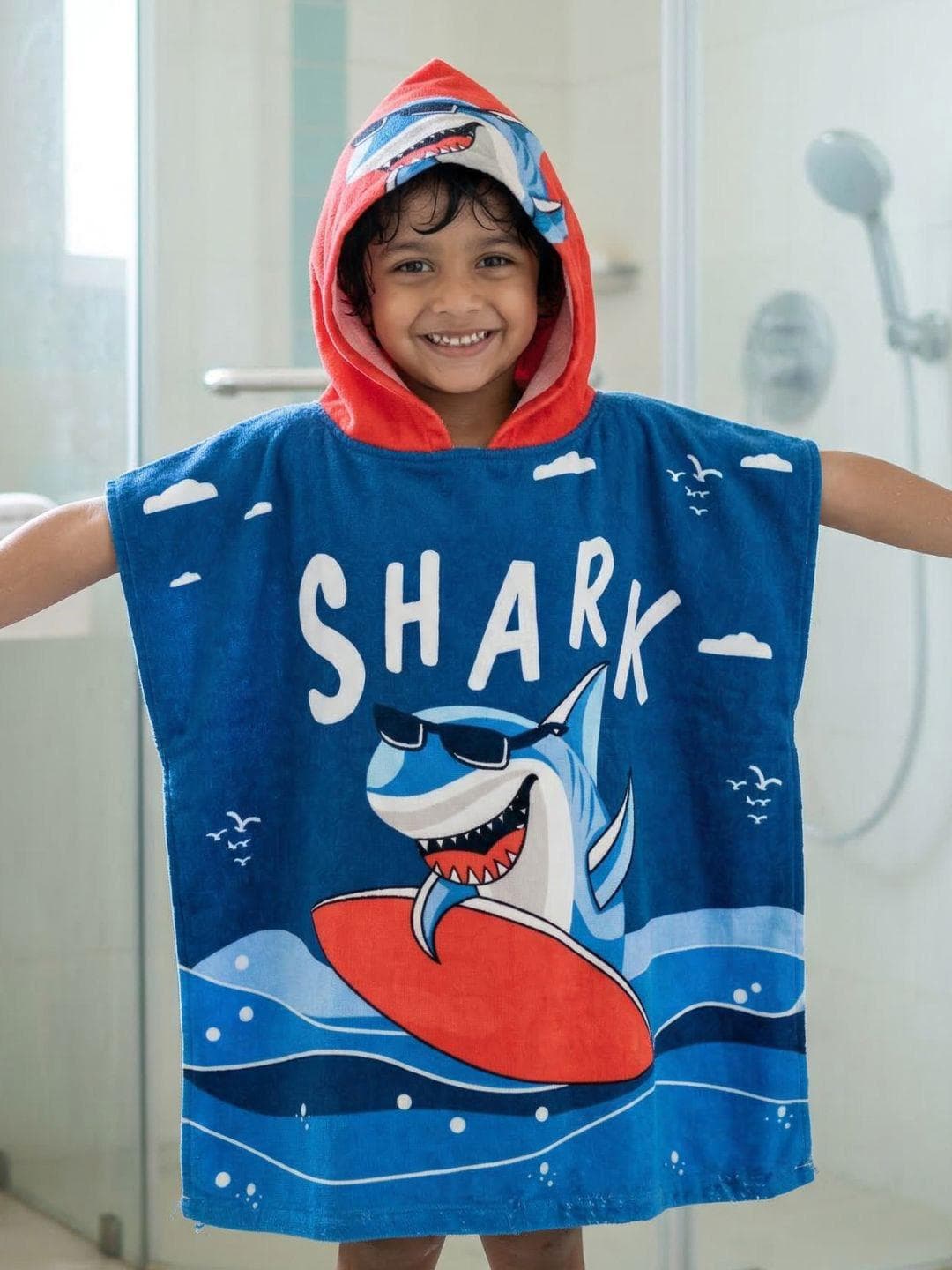 Buy Famyo Kids Blue Shark Hooded Poncho Bath Towel Microfiber 230 GSM Super Soft 1 7 Yrs - - Home for Unisex Kids