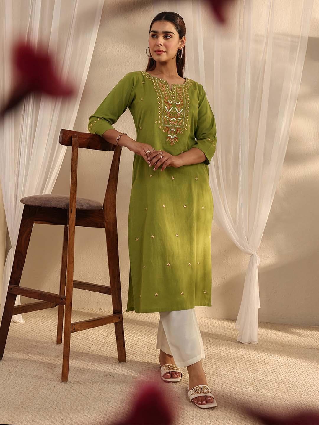 Libas Green Floral Embroidered Straight Pocket Kurtas