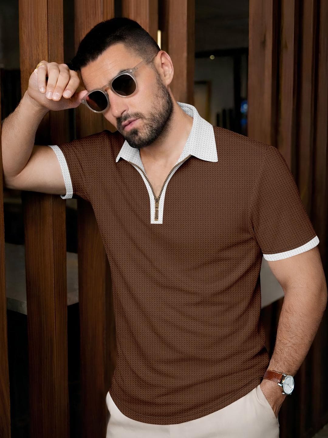 MODALEN Men Textured Polo Zip Neck Contrast Collar Tshirts