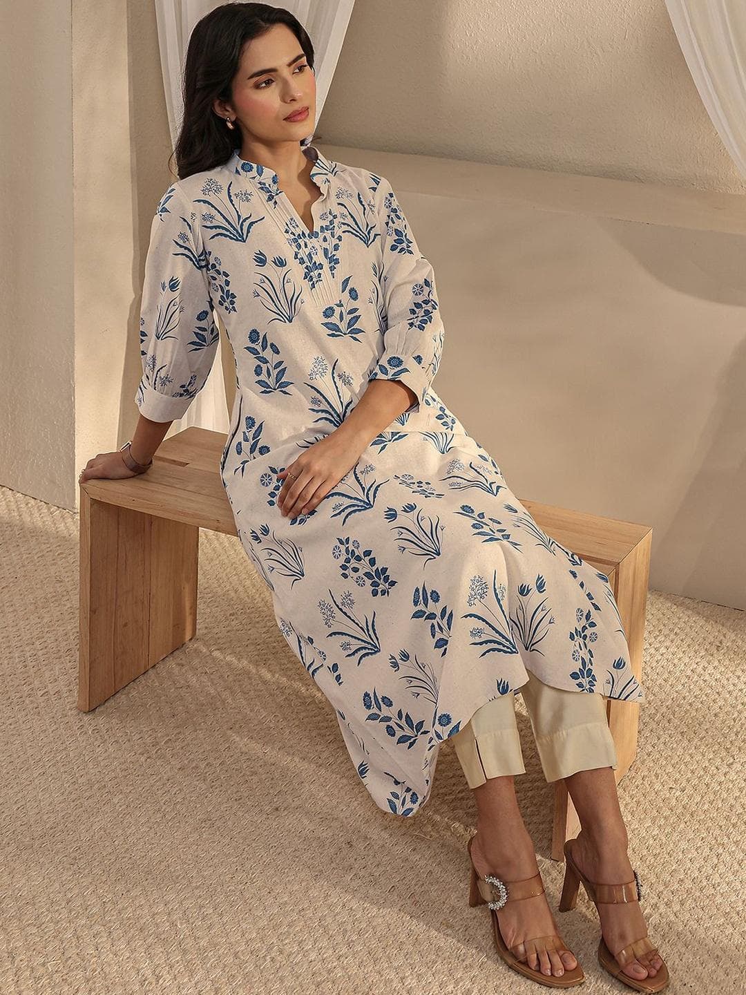 Libas Off White Floral Printed A-line Pocket Kurtas