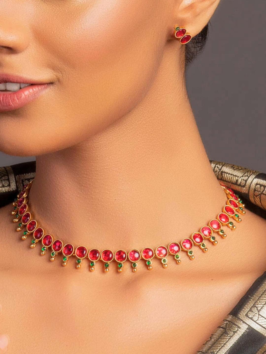 Buy Fida Gold Plated Magenta Pink & Green Stone Studded Temple Jewellery Set - - Accessories for Women