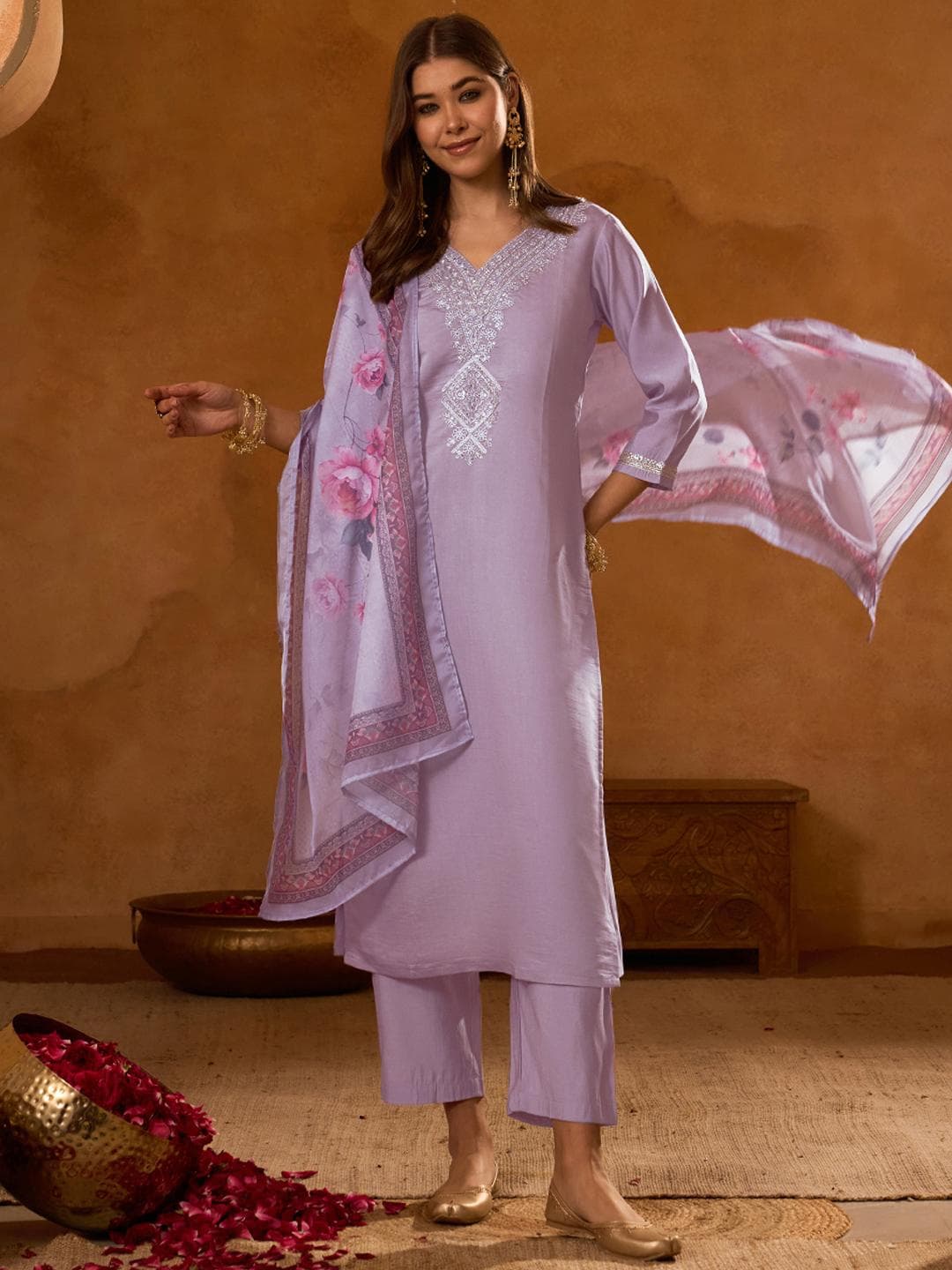 KALINI Women Ethnic Motifs Embroidered Regular Thread Work Kurta with Trousers & With Dupatta