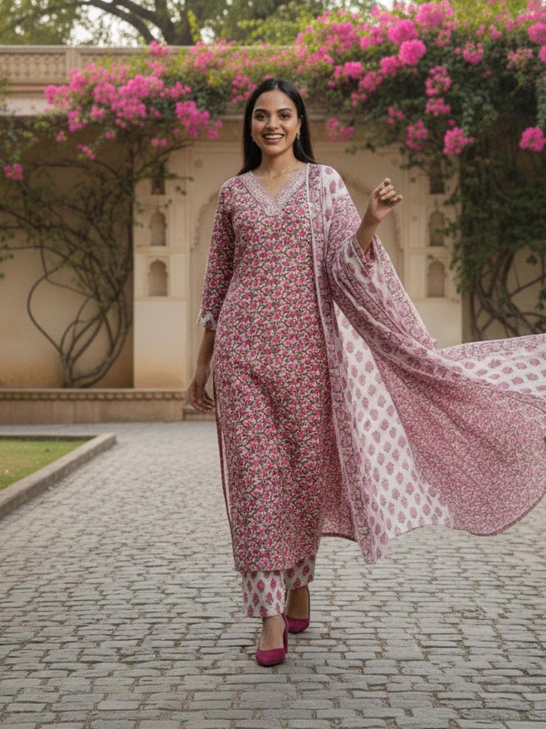 Varanga Women Floral Printed Regular Thread Work Pure Cotton Kurta with Trousers & With Dupatta