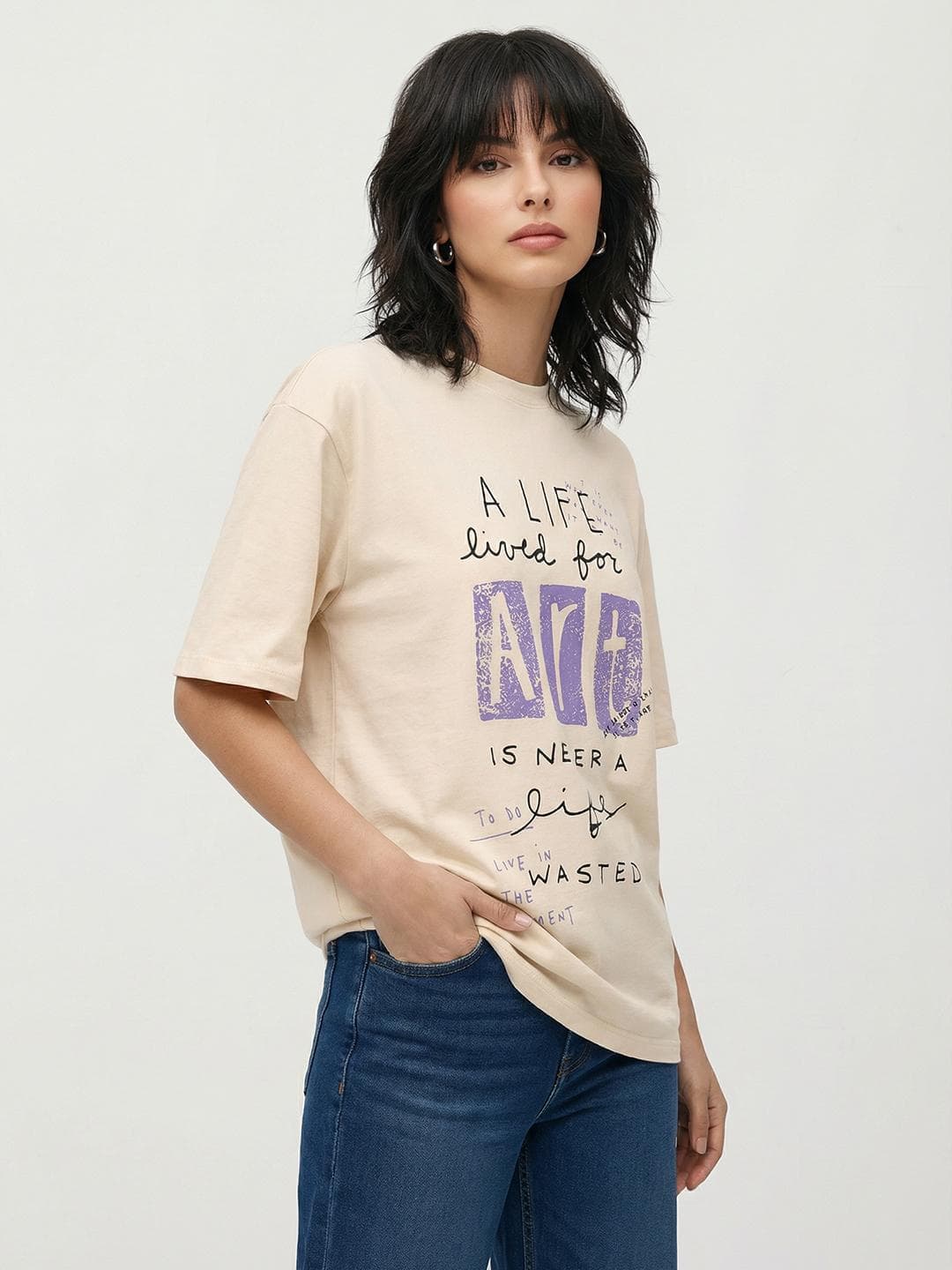 The Roadster Life Co. Oversized Fit Typography Printed Pure Cotton T-shirt