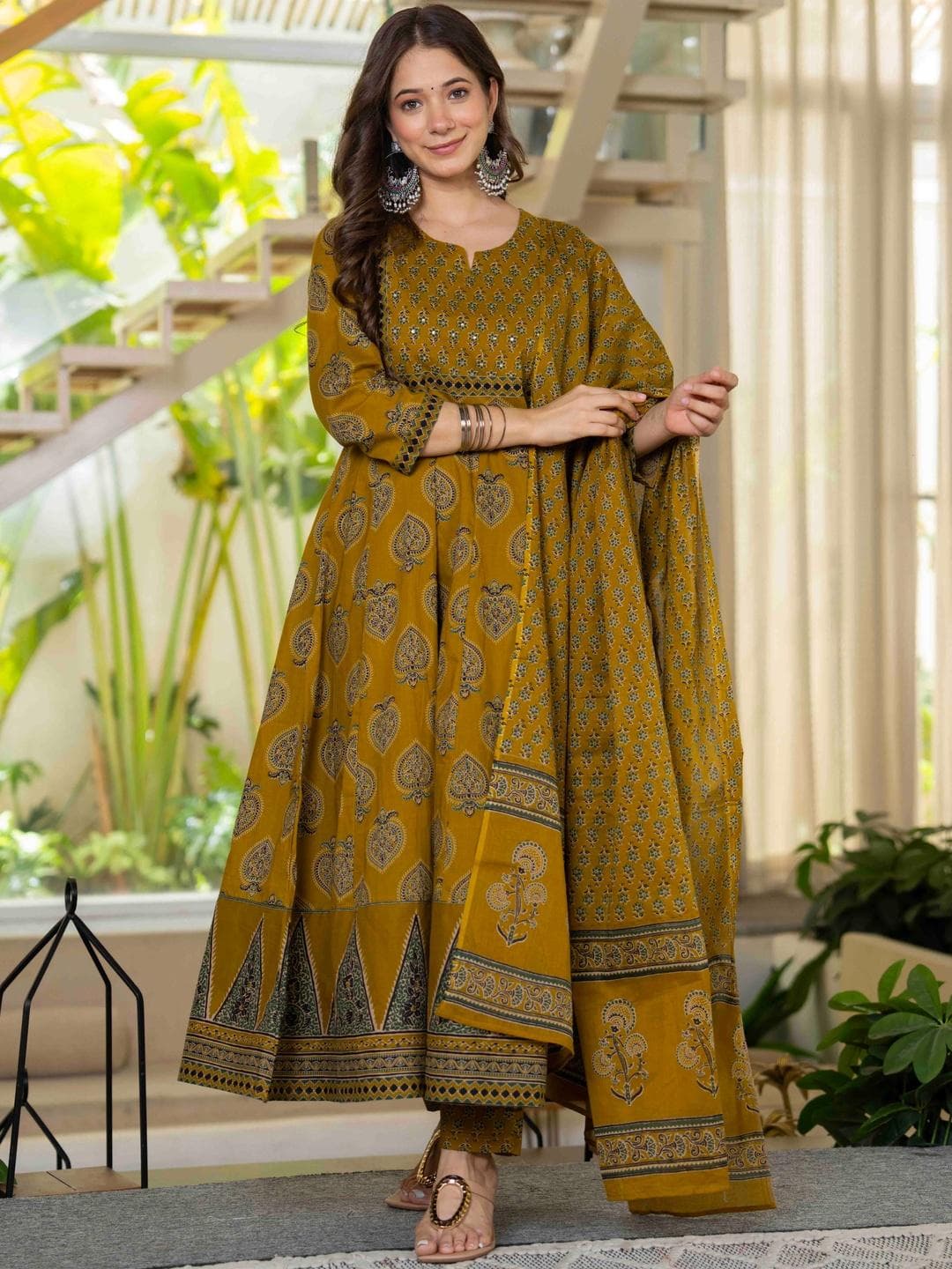 KALINI Women Ethnic Motifs Printed Empire Mirror Work Pure Cotton Kurta with Trousers & With Dupatta