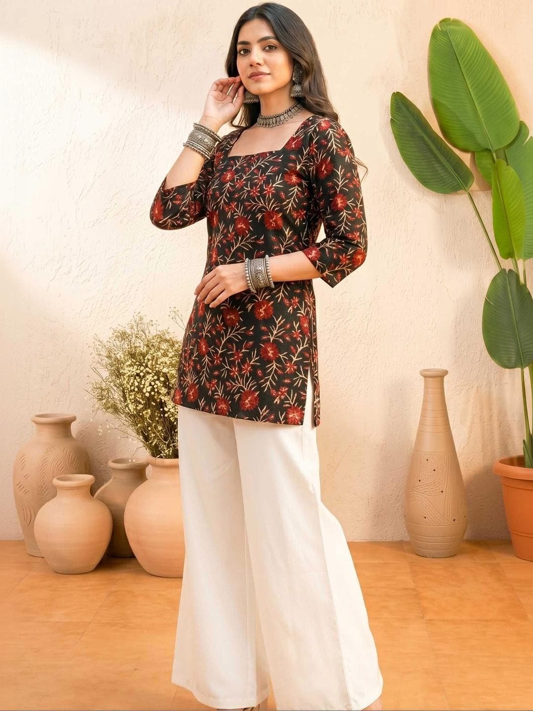 Sangria Floral Printed Pure Cotton Square Neck Straight Kurtis