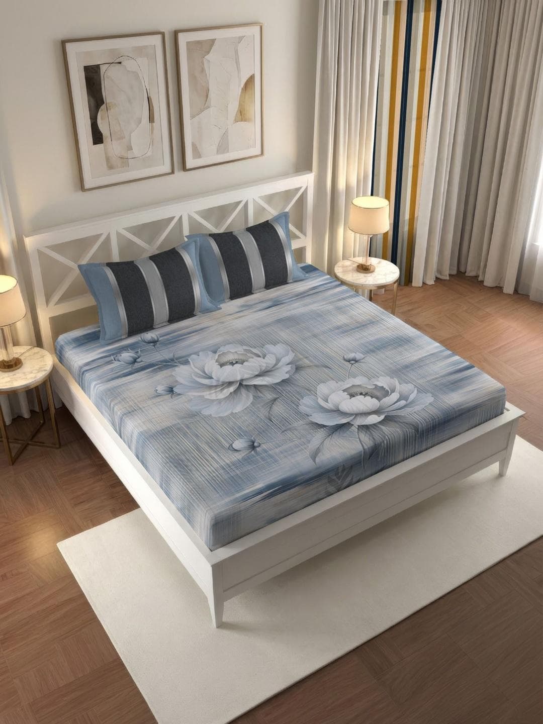 IWS Blue Floral 180 TC Double Bedsheet with 2 Pillow Covers