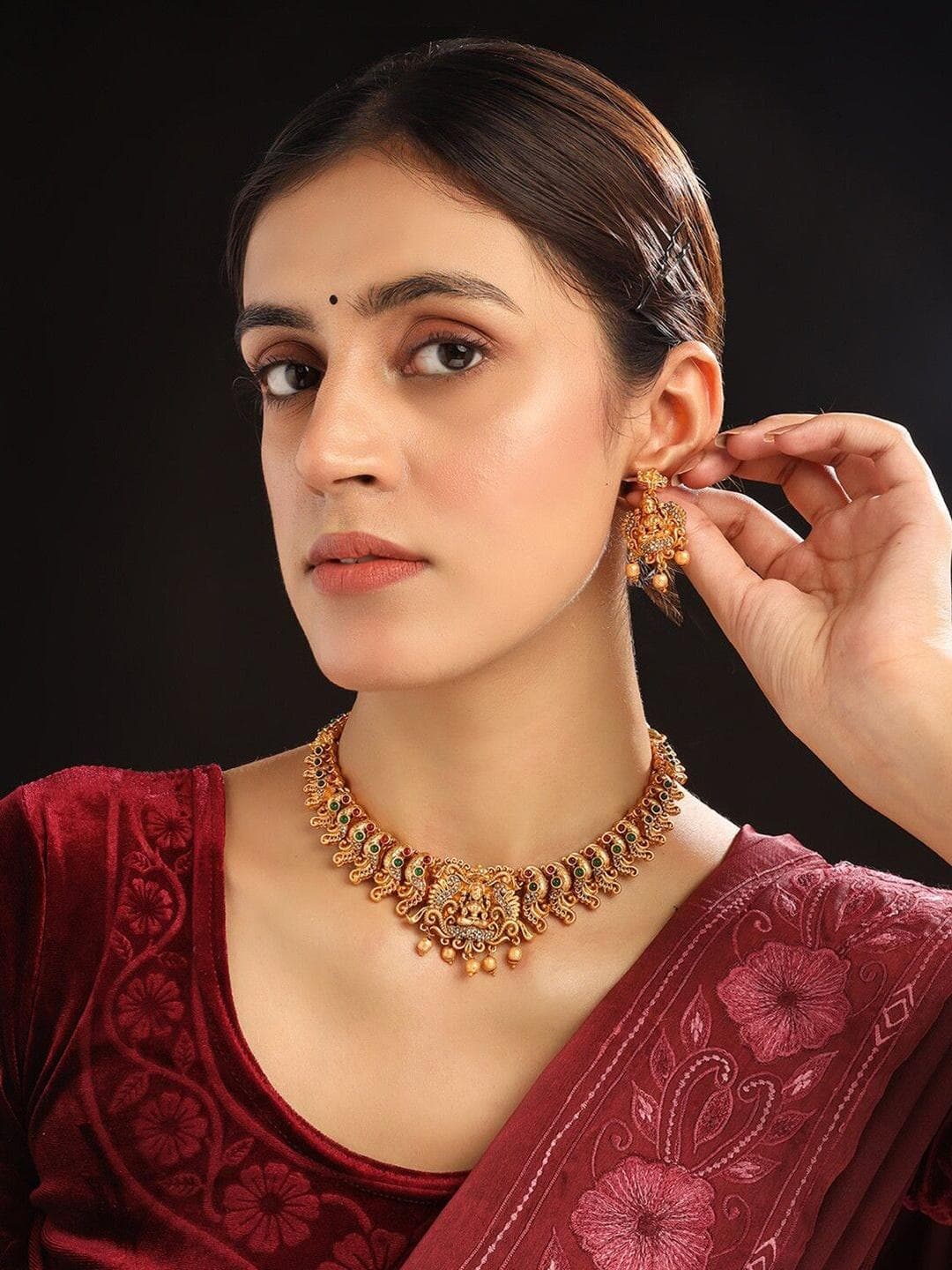StileAdda Gold-Plated Stones Studded & Beaded Temple Jewellery Set