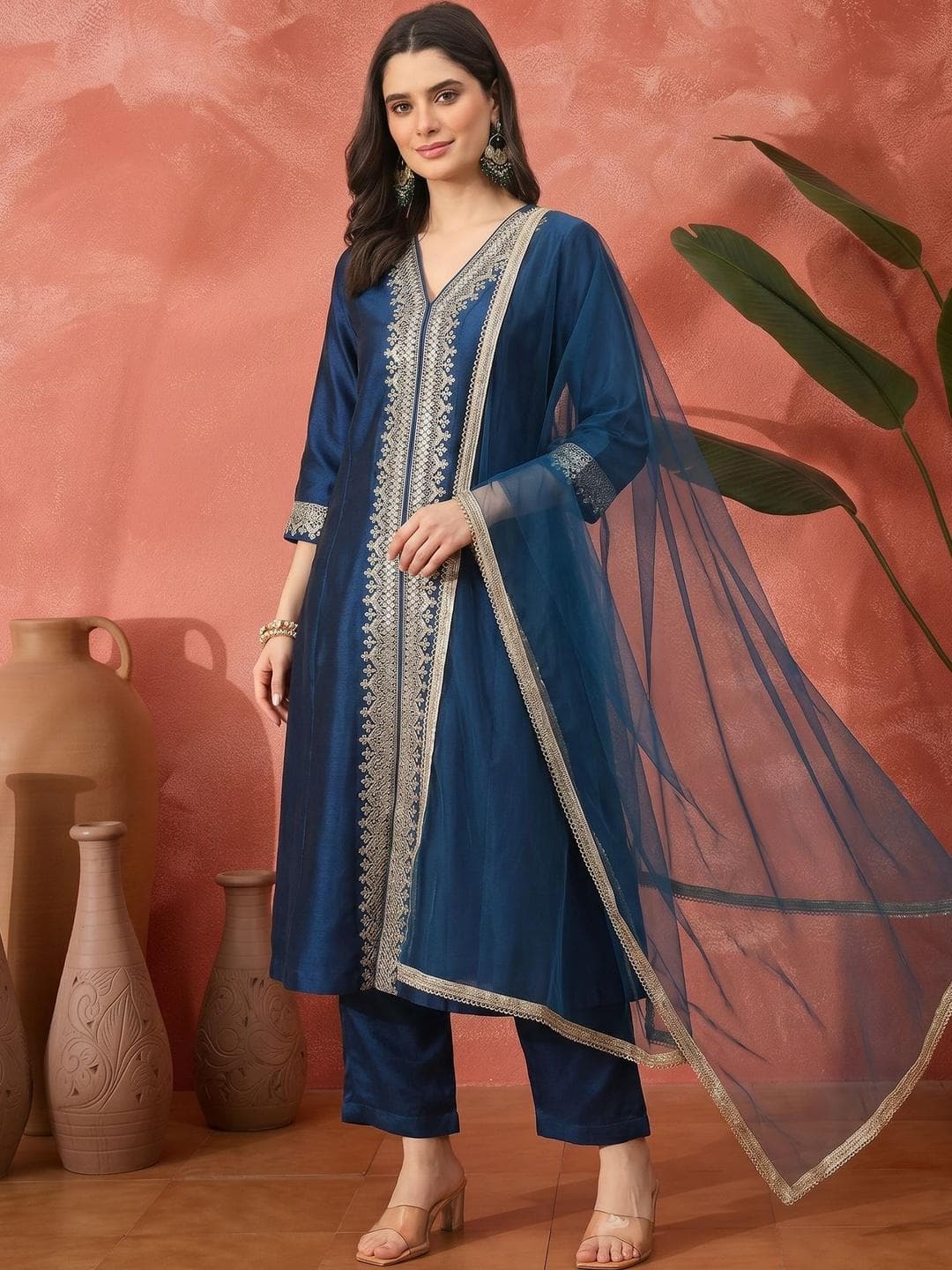 Sangria Embroidered Silk Blend V-Neck Kurta & Trousers With Dupatta