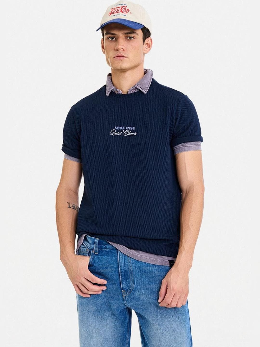 Snitch Typography Printed Polo Collar Applique Cotton T-shirt