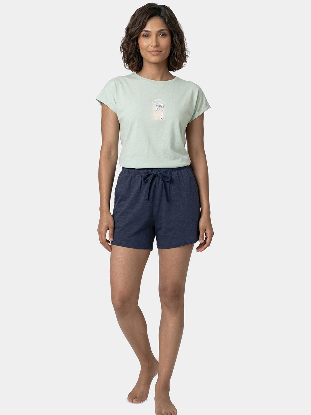 Enamor Women Drawstring Mid Rise Mid Thigh Cotton Basic Shorts Relaxed Fit E062