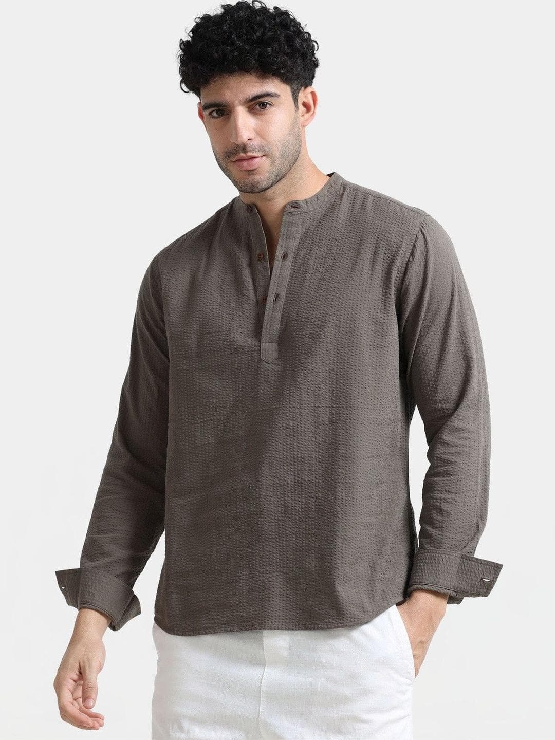 StitchX Men Seersucker Band Collar Pure Cotton Striped Kurta Shirt