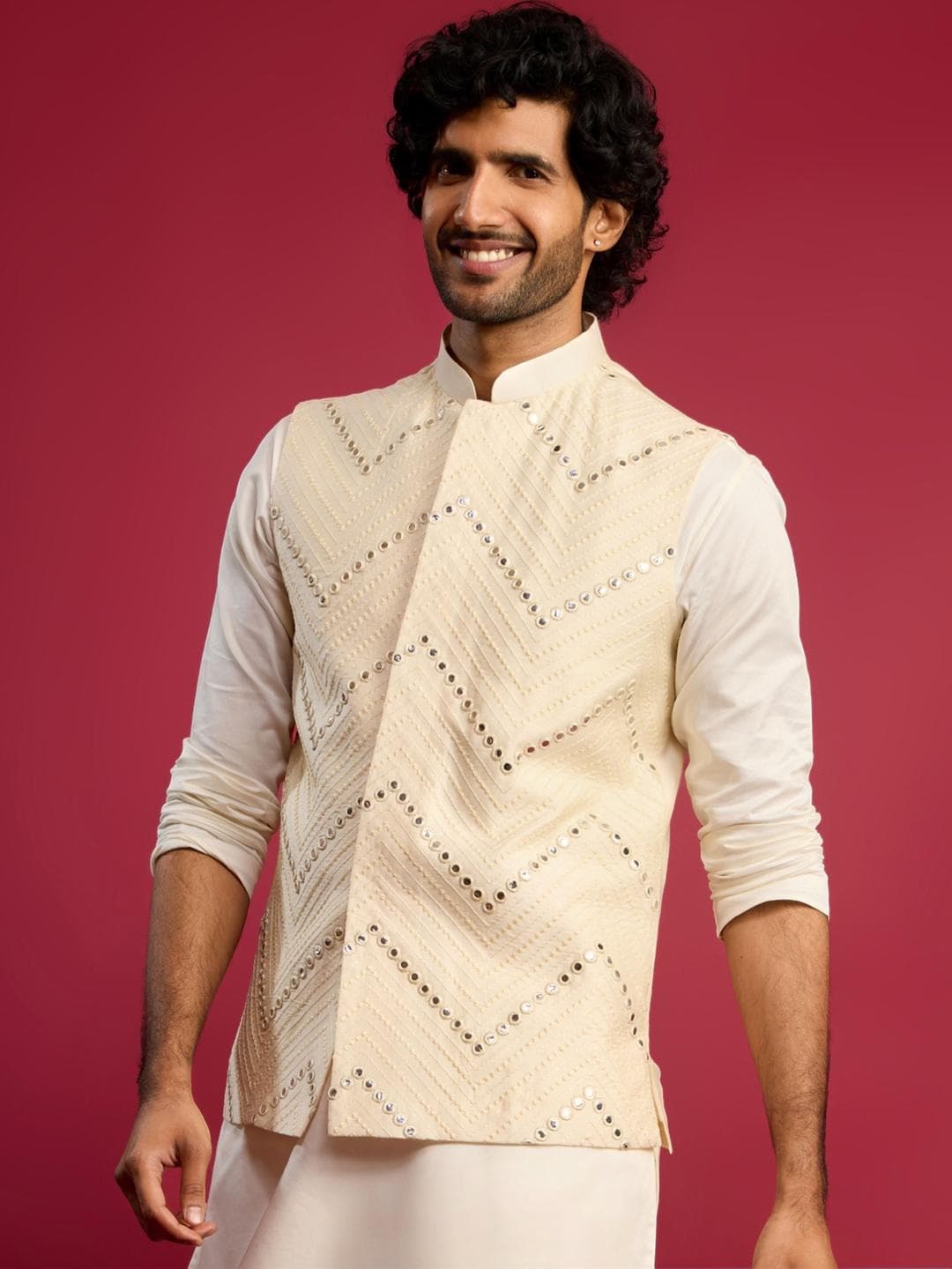 VASTRAMAY Men Embroidered Mirror Work Nehru Jacket