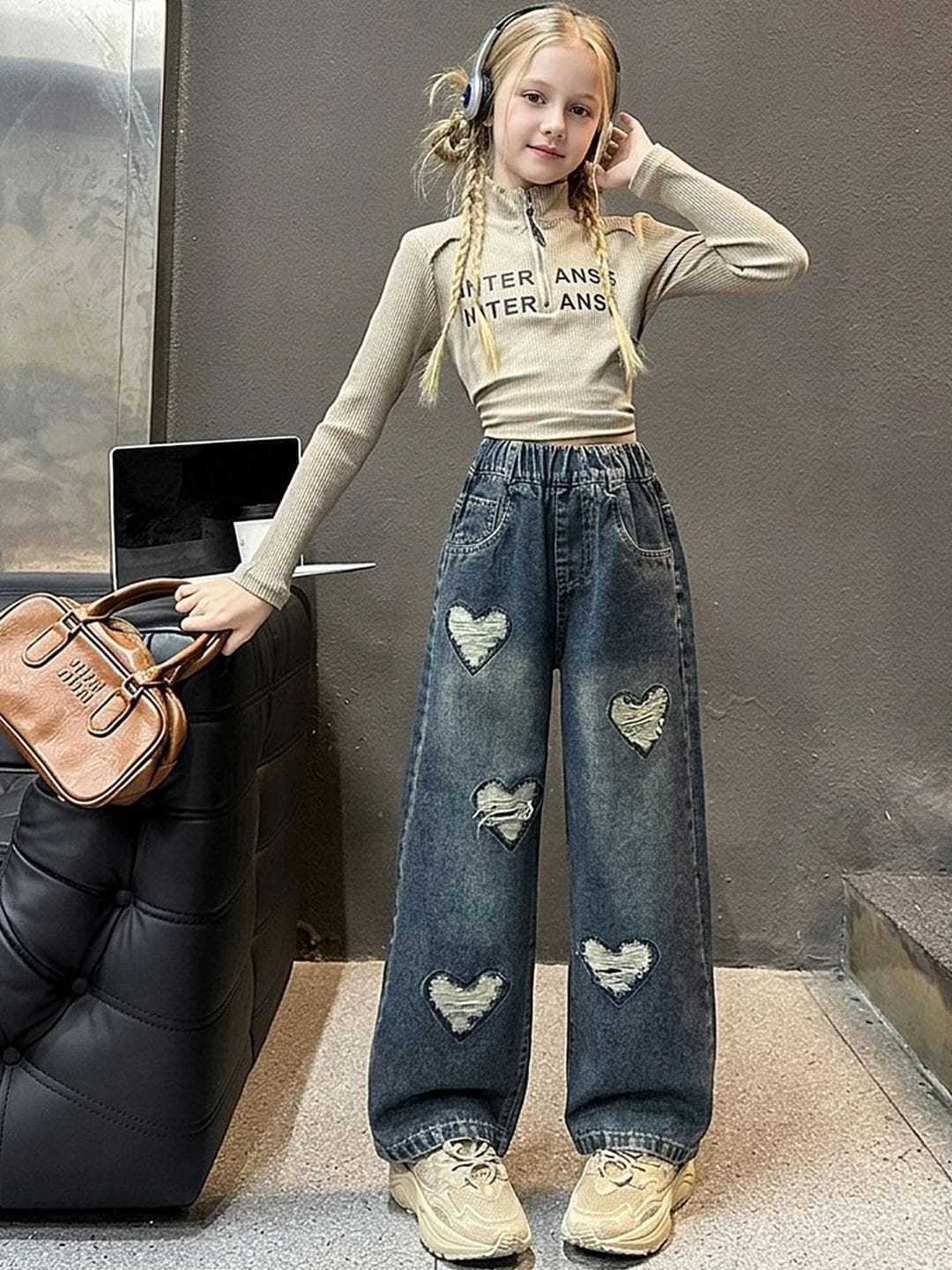 INCLUD Girls Wide Leg High-Rise Highly Distressed Light Fade Jeans
