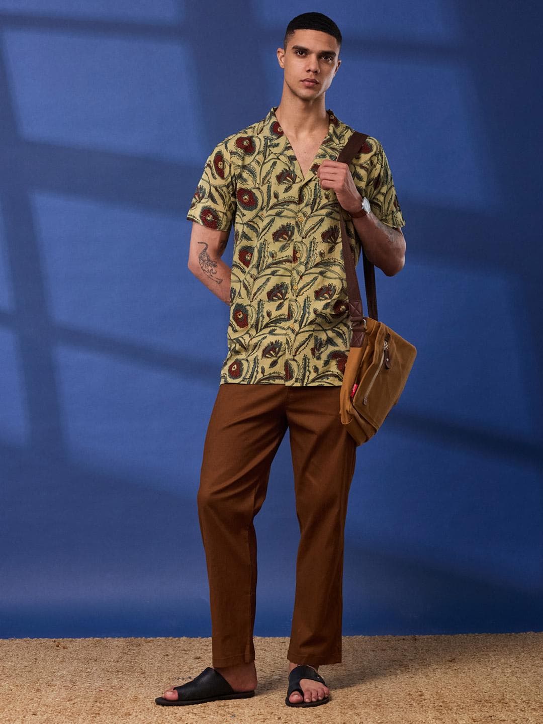 Taavi Men Yellow & Green Ajrakh Hand Block Print Casual Shirt with Cuban Collar