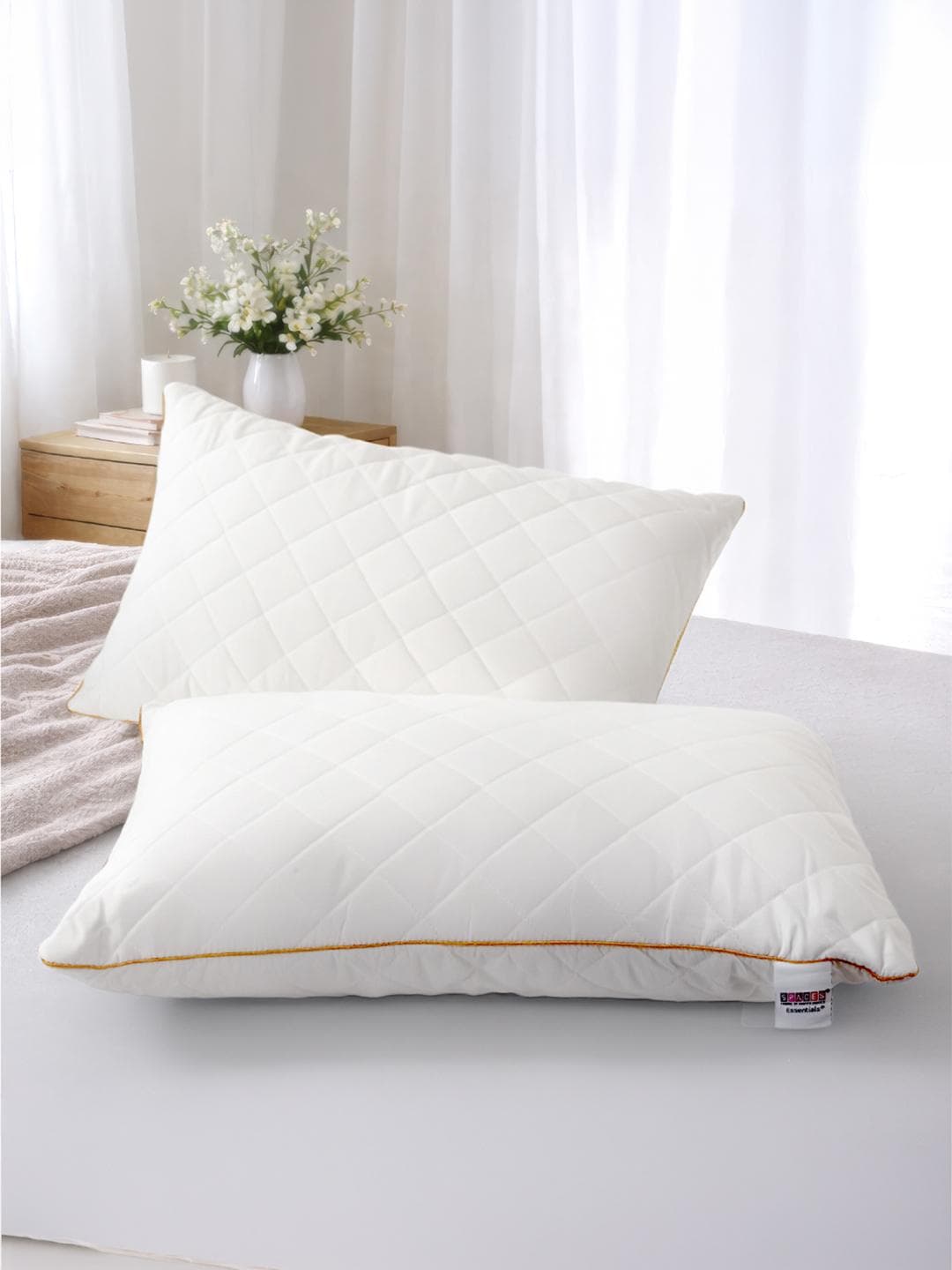 Buy SPACES White Solid Polycotton Set Of 2 Medium Fibre Sleep Pillow 69 X 43 Cm - - Home for Unisex